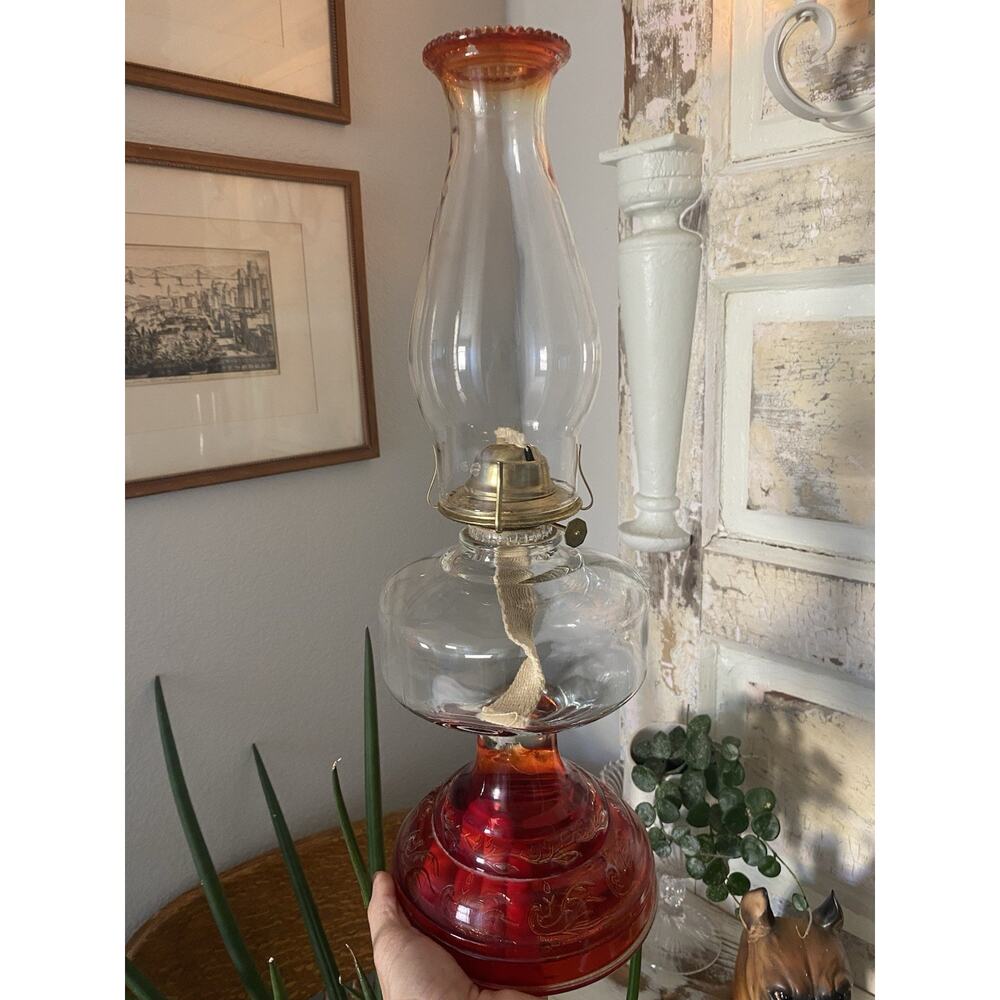 Vintage Red Glass Oil Lamp Embossed Red Glass Hurricane Eagle Burner New Wick